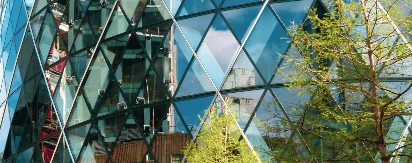 Gherkin building found in the middle of London’s financial headquarters. Mainly made of glass and steel. Tree covers right-hand side of image