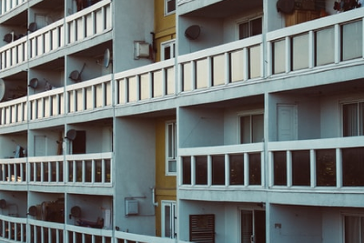 Block of flats with balconies and shared walkways