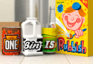 One bin is rubbish campaign poster. Various grocery items such a plastic milk carton and cardboard cereal box in bright colours