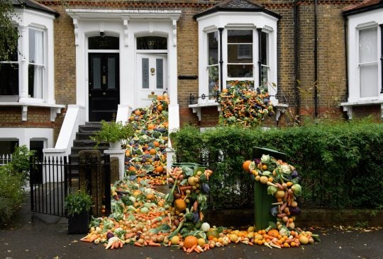 TRiFOCAL food waste campaign: Lots of fruit and vegetables are tumbling down the steps of a Victorian terraced house, out of its windows into the front garden and street, to show how we can reduce food waste to tackle the climate emergency